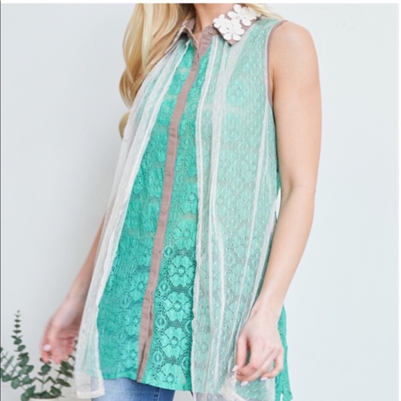 Ryu Crochet Jade High Collar Button Down Sleeveless Top. - Picture 3 of 6